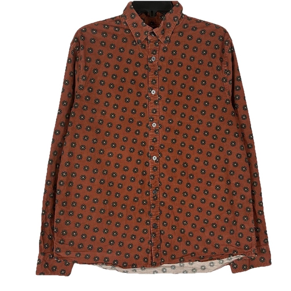 Express Brown Corduroy Button Shirt L Long Sleeve Geometric Print Fall Cabincore